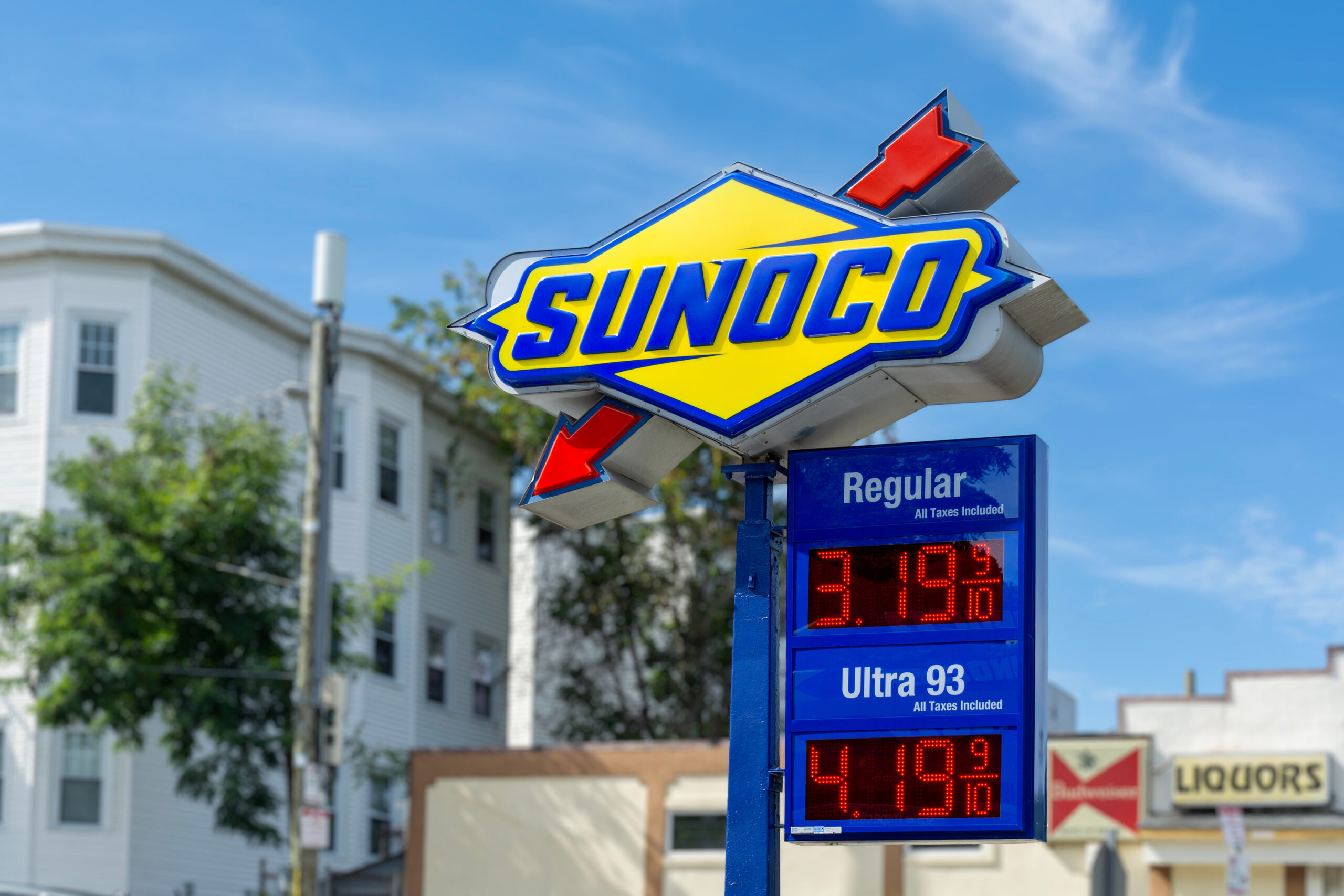 Close up of view of the Sunoco gas station sign, on September 28, 2024, Brighton, Massachusetts, USA